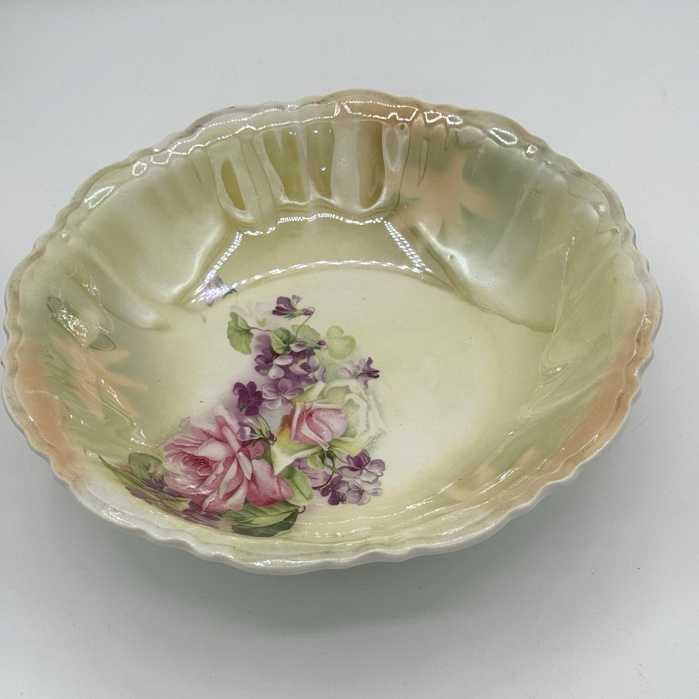 Vtg German Lusterware Porcelain Serving Bowl Yellow Cabbage Rose Grannycore‎